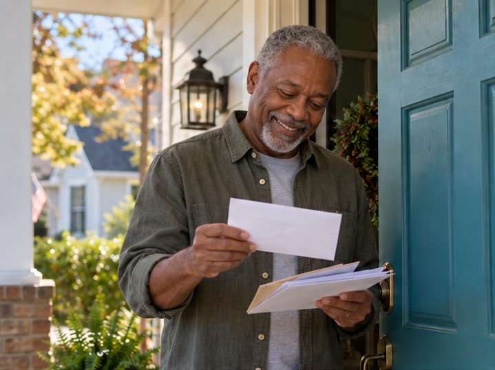 A man smiling as he opens his mail at the front door