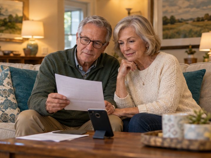 A couple reviewing a letter together at home