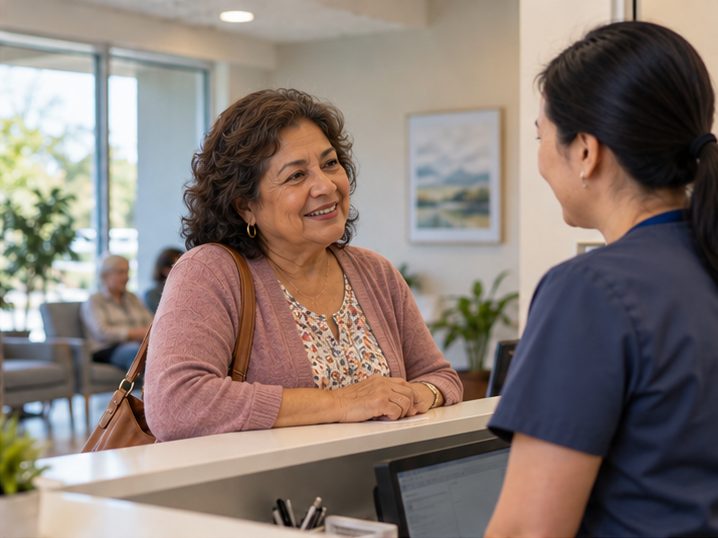 A woman checking in at a doctor’s office front desk