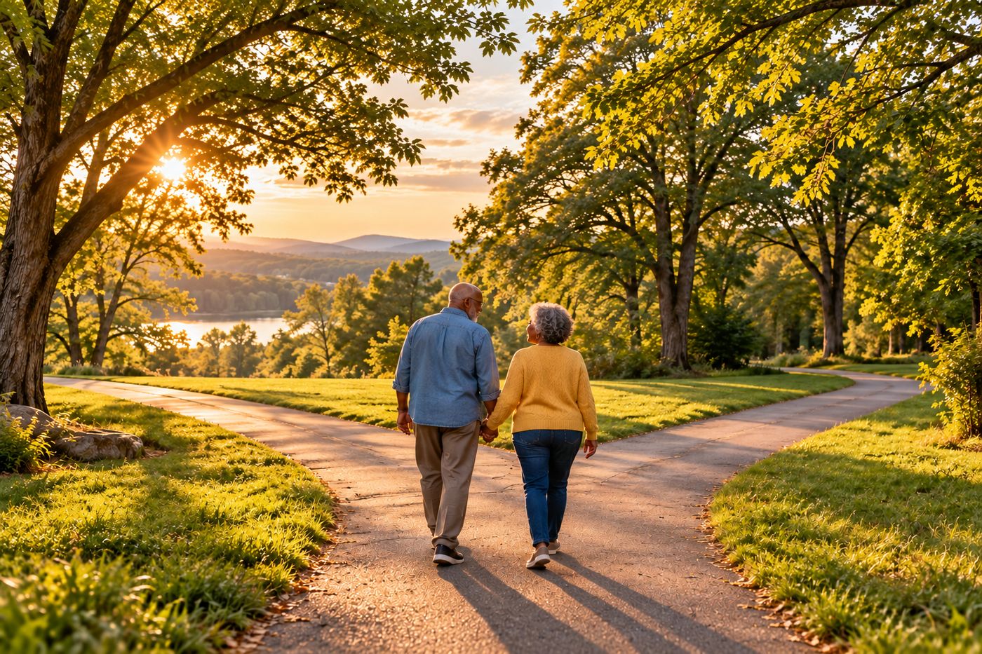A couple walking hand in hand toward a fork in a park path