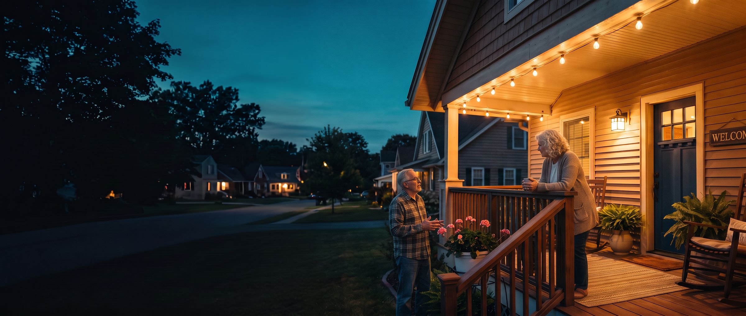 A woman on her front porch at dusk, talking with a neighbor at the railing